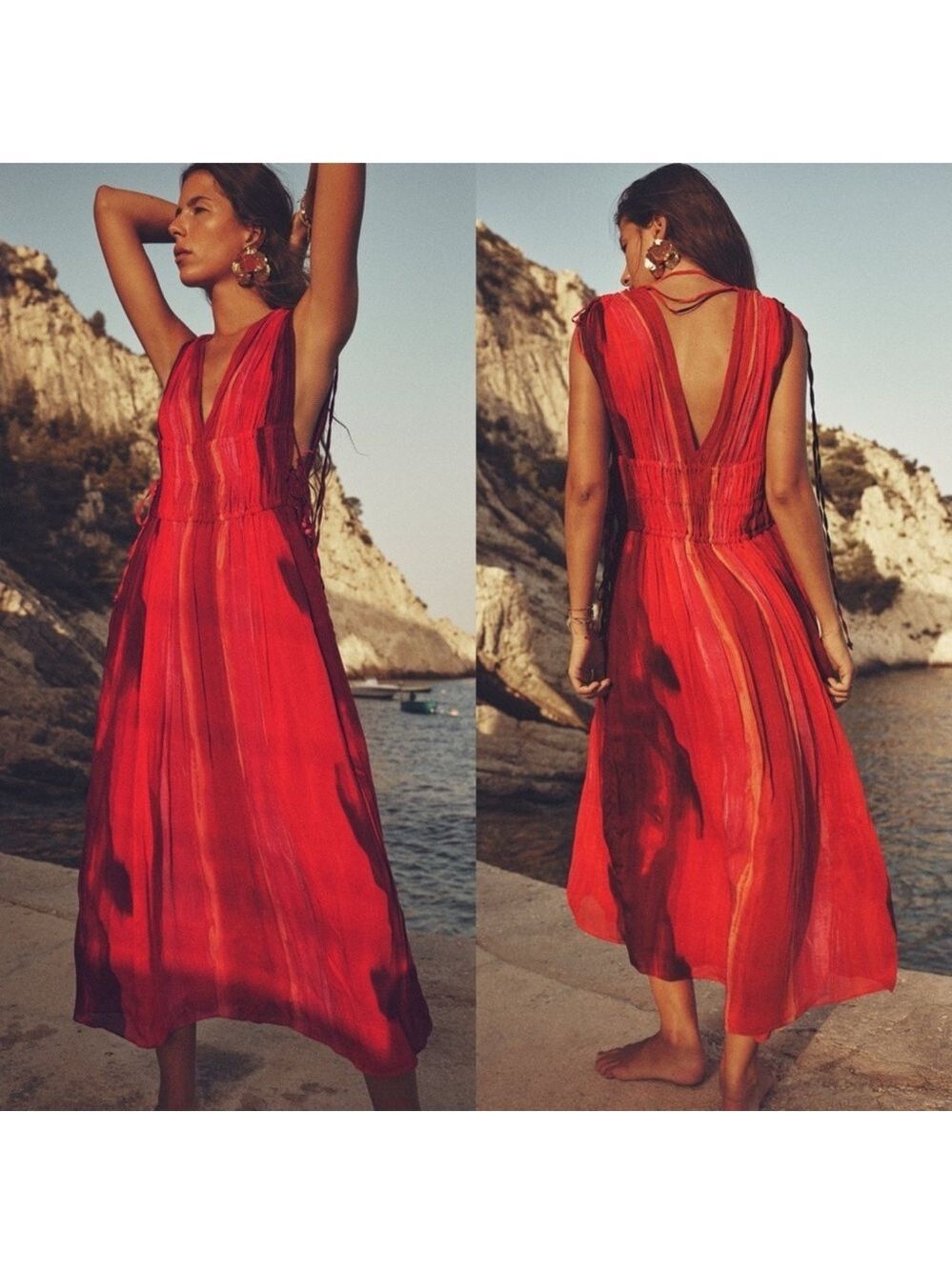 Zara red pink tie-dye BoHo V-neck midi dress Sz M tropical beach vacation NWOT - Picture 16 of 16